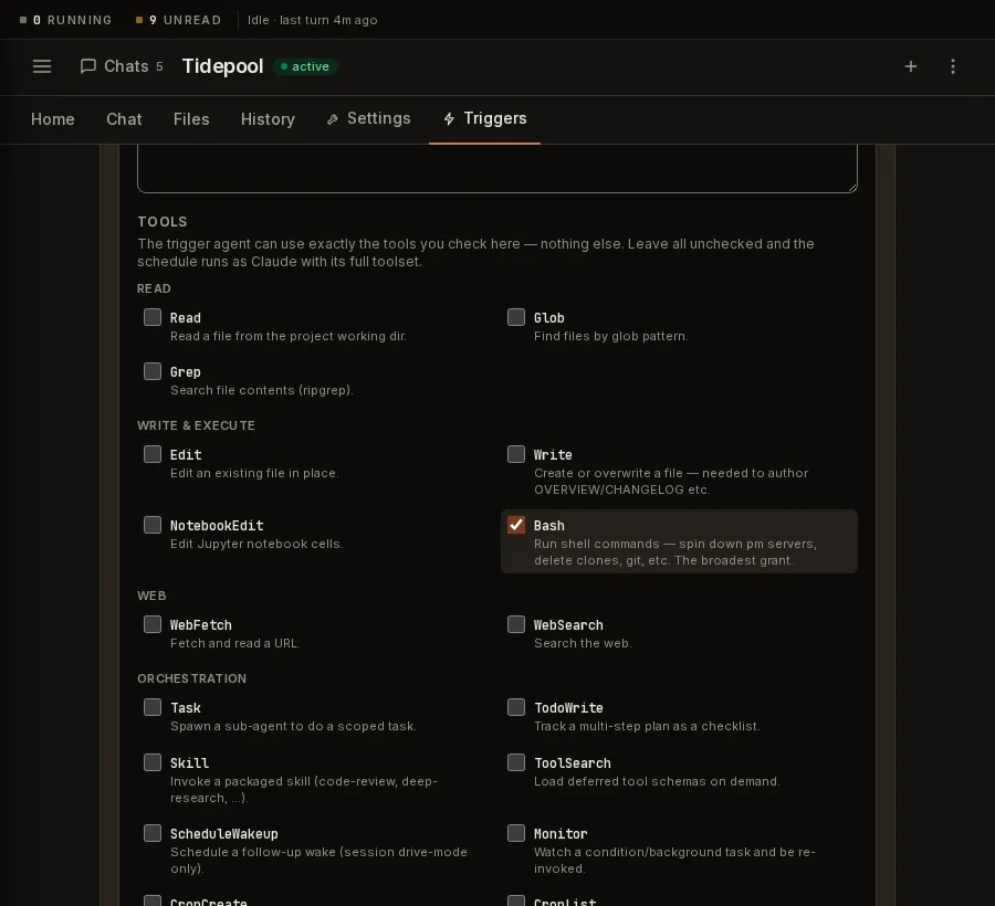 Paddock's trigger tool picker with the Bash checkbox ticked and its row highlighted, and an amber warning below the list reading "Bash lets this trigger run arbitrary shell commands in the project working dir. Grant it only when the trigger genuinely needs it."